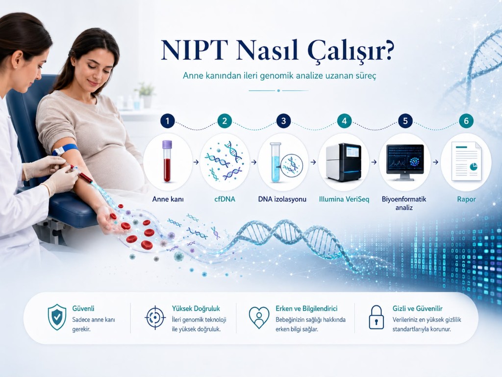 NIPT süreci infografiği: anne kanı, cfDNA, DNA izolasyonu, NGS, biyoinformatik analiz ve rapor